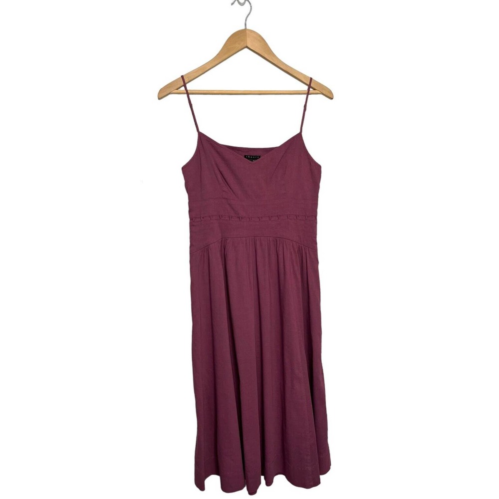 Theory Linen Spaghetti Strap V Neck Fit Flare Lattice Pockets Dress Plum 2 - Picture 3 of 13